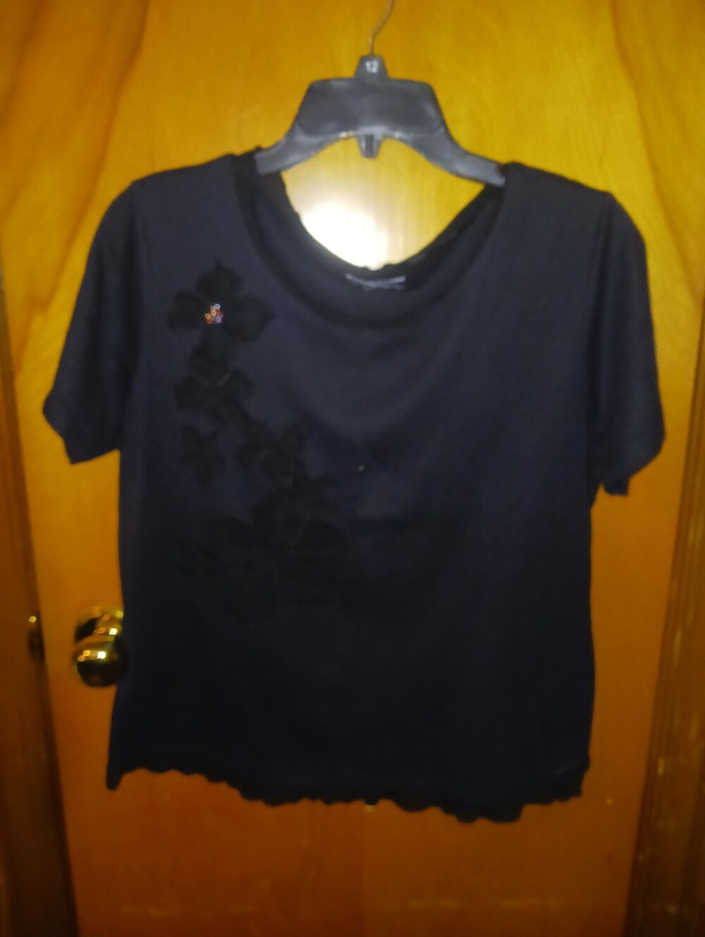 Karen Scott Black Short Sleeve Tee with Floral Appliqué